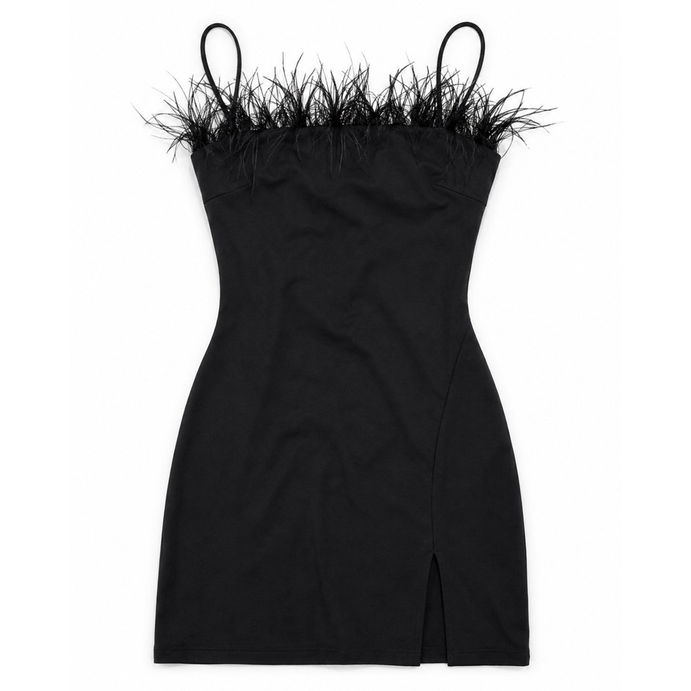 FORE Black Feather Trim Mini Dress Size S Y2K Cocktail Party Night Out Glam Sexy